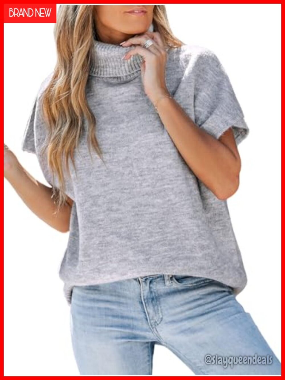 Cupshe Womens Turtleneck Cap Sleeve Oversized Knit Sweater Pullover